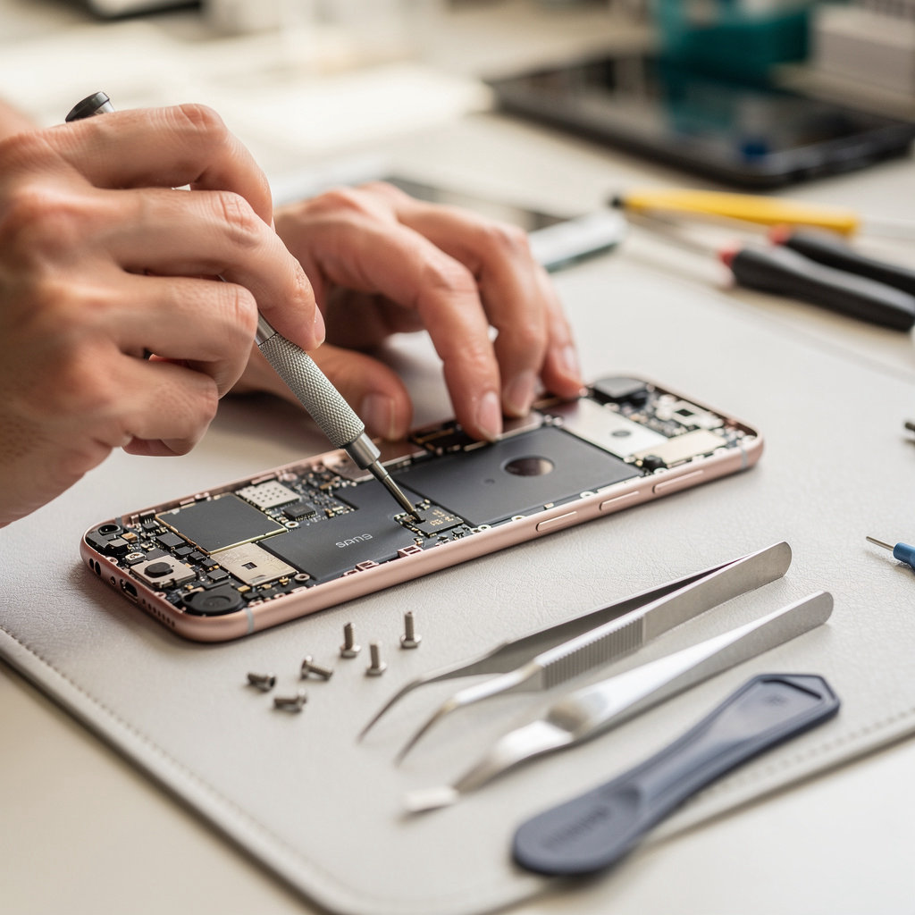 A to Z Wireless technician performing a detailed phone screen repair in San Diego